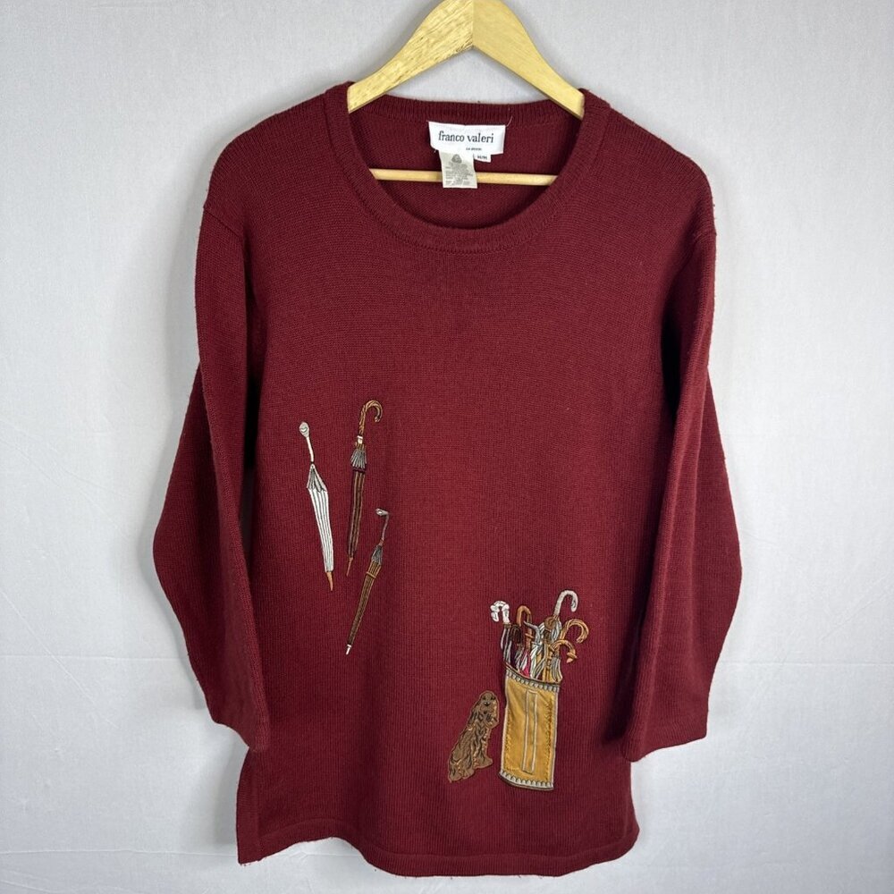 Franco Valeri Merino Wool Sweater Umbrella‎ Dog Applique Red Women’s M